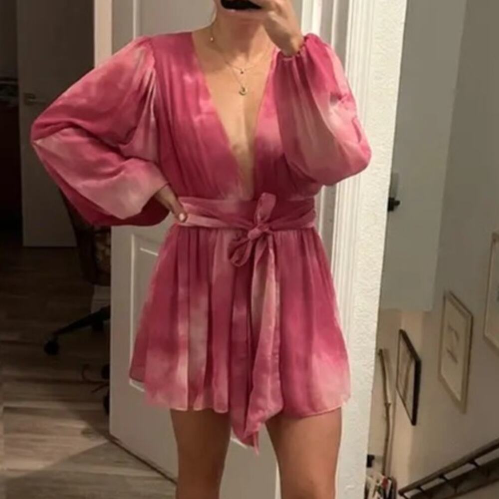 RTR TOCCIN X RTR Pink Tie Dye Romper Sz 2 Open Back Satin Long Sleeve Ruffles